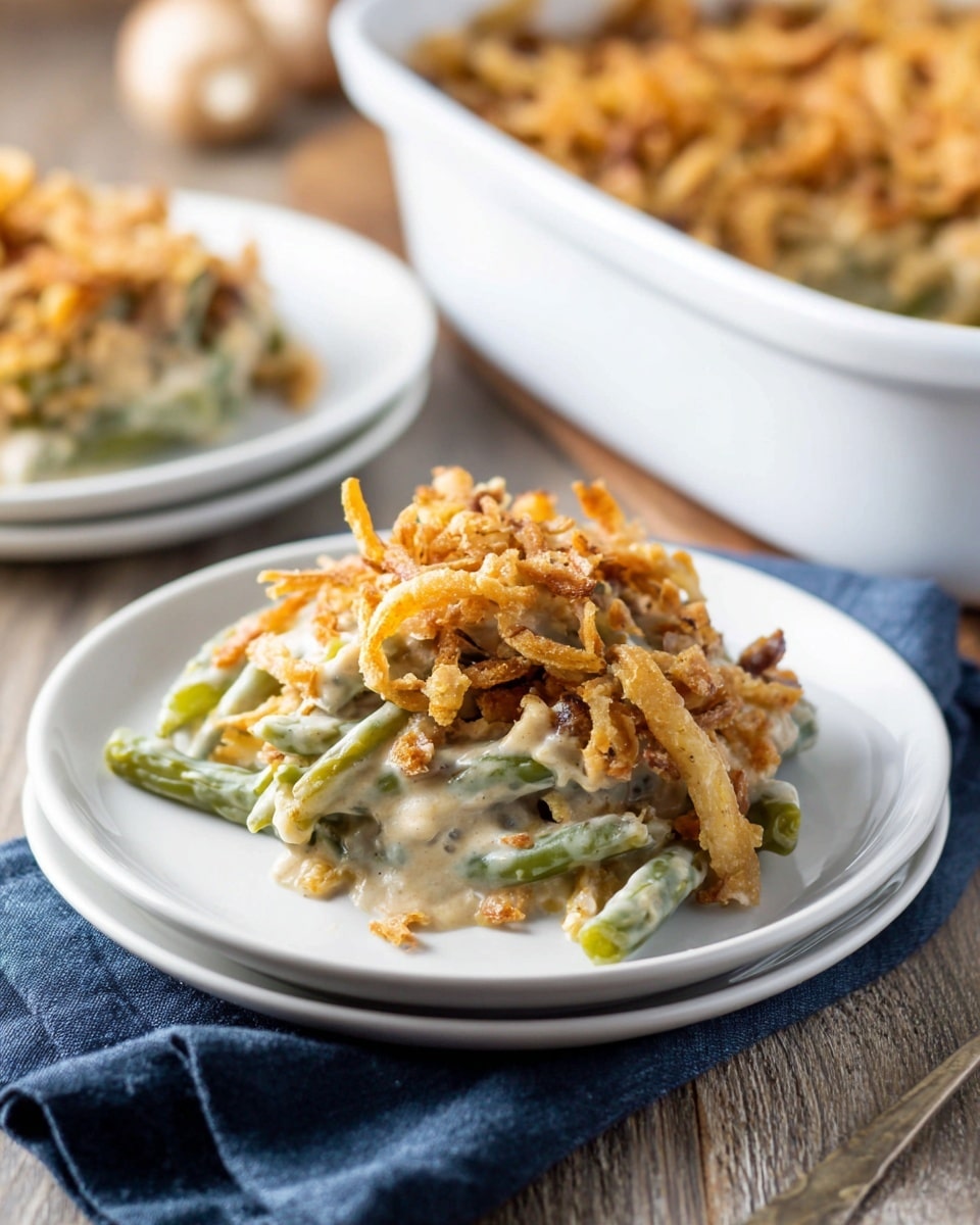 The dish shows a serving of green bean casserole on a white plate, with one layer of green beans coated in creamy beige sauce topped by a layer of golden brown crispy fried onions scattered unevenly. In the background, a white casserole dish filled with more green bean casserole can be seen, along with another white plate holding an additional serving. The scene is set on a wooden textured surface with a soft focus, and a navy fabric napkin is positioned near the front left of the plate. photo taken with an iphone --ar 4:5 --v 7