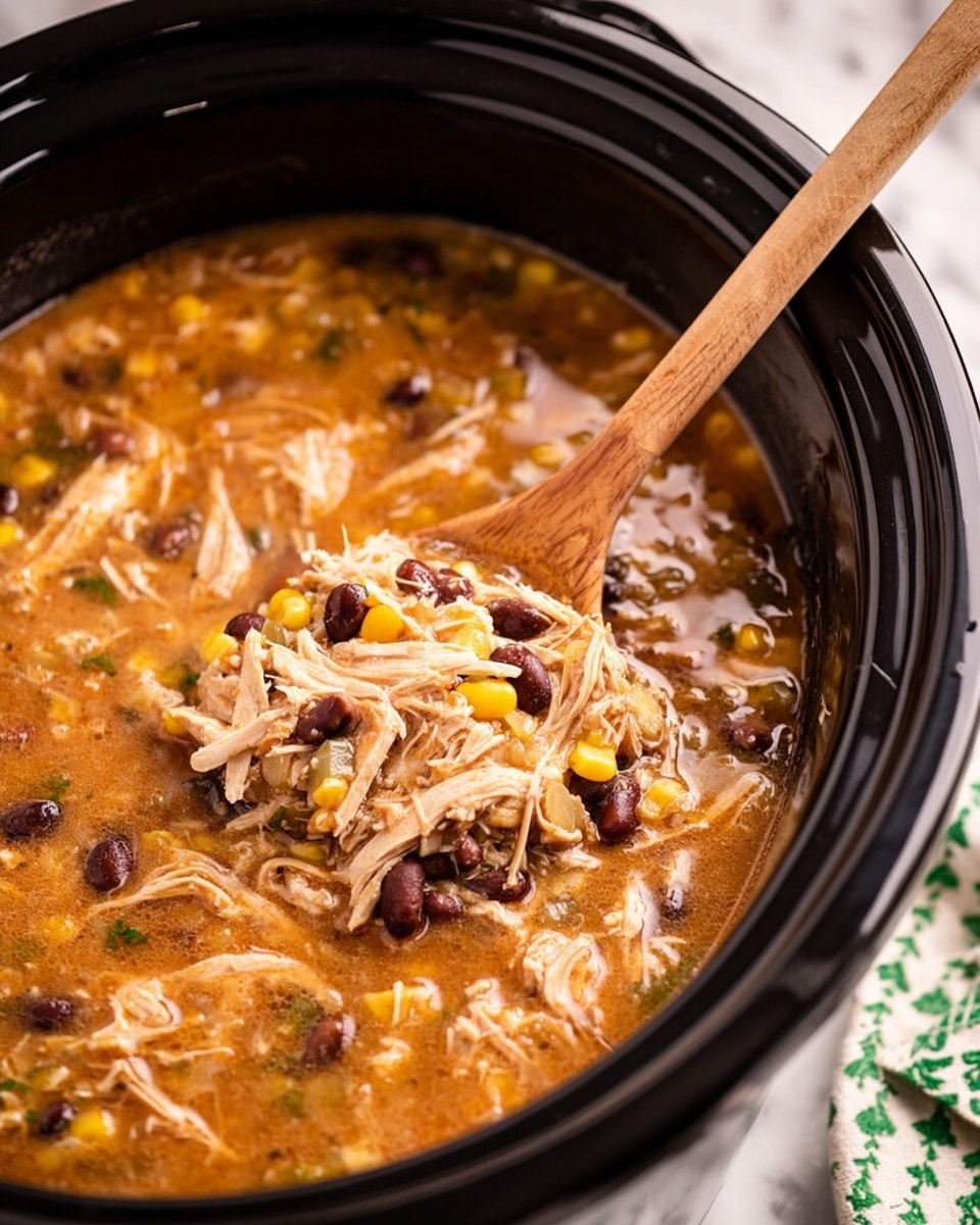 A close-up of a black slow cooker filled with a thick stew made of shredded chicken, black beans, corn, and onions in a light orange broth. A wooden spoon is scooping some stew, showing the mix of stringy white chicken meat, dark beans, yellow corn kernels, and translucent onion pieces all blended in the soup. The surface below the cooker has a white marbled texture with a green and white patterned cloth partially visible. Photo taken with an iphone --ar 4:5 --v 7
