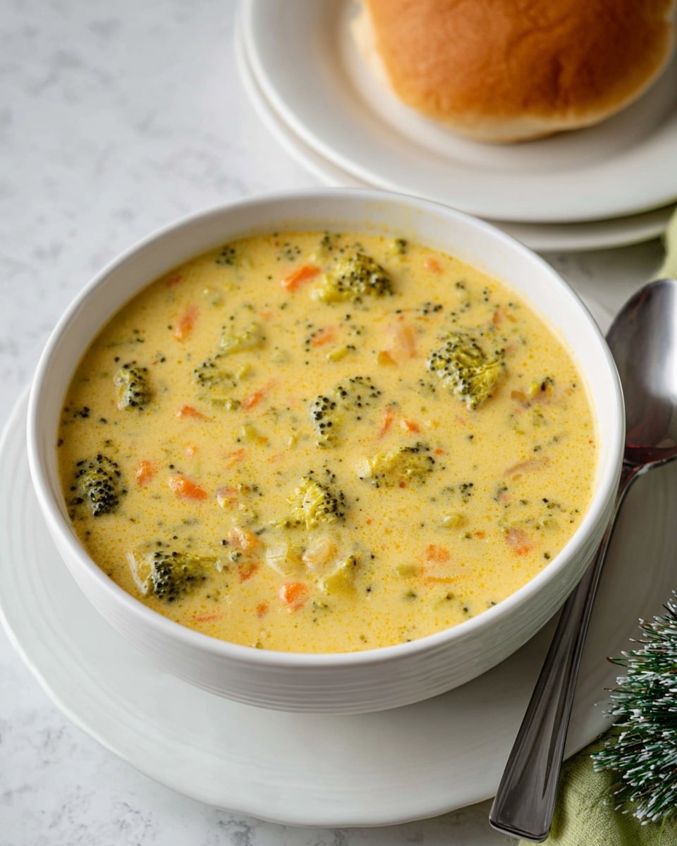 A white bowl filled with creamy broccoli cheddar soup sits on a white plate on a white marbled surface. The soup has a smooth yellow base with visible chunks of green broccoli, small pieces of orange carrot, and bits of onion spread evenly throughout. In the background, part of a white plate with a golden brown round bread roll is visible. There is a silver spoon resting on the right side of the bowl and a small green cloth with some pine-like decoration next to it. Photo taken with an iphone --ar 4:5 --v 7