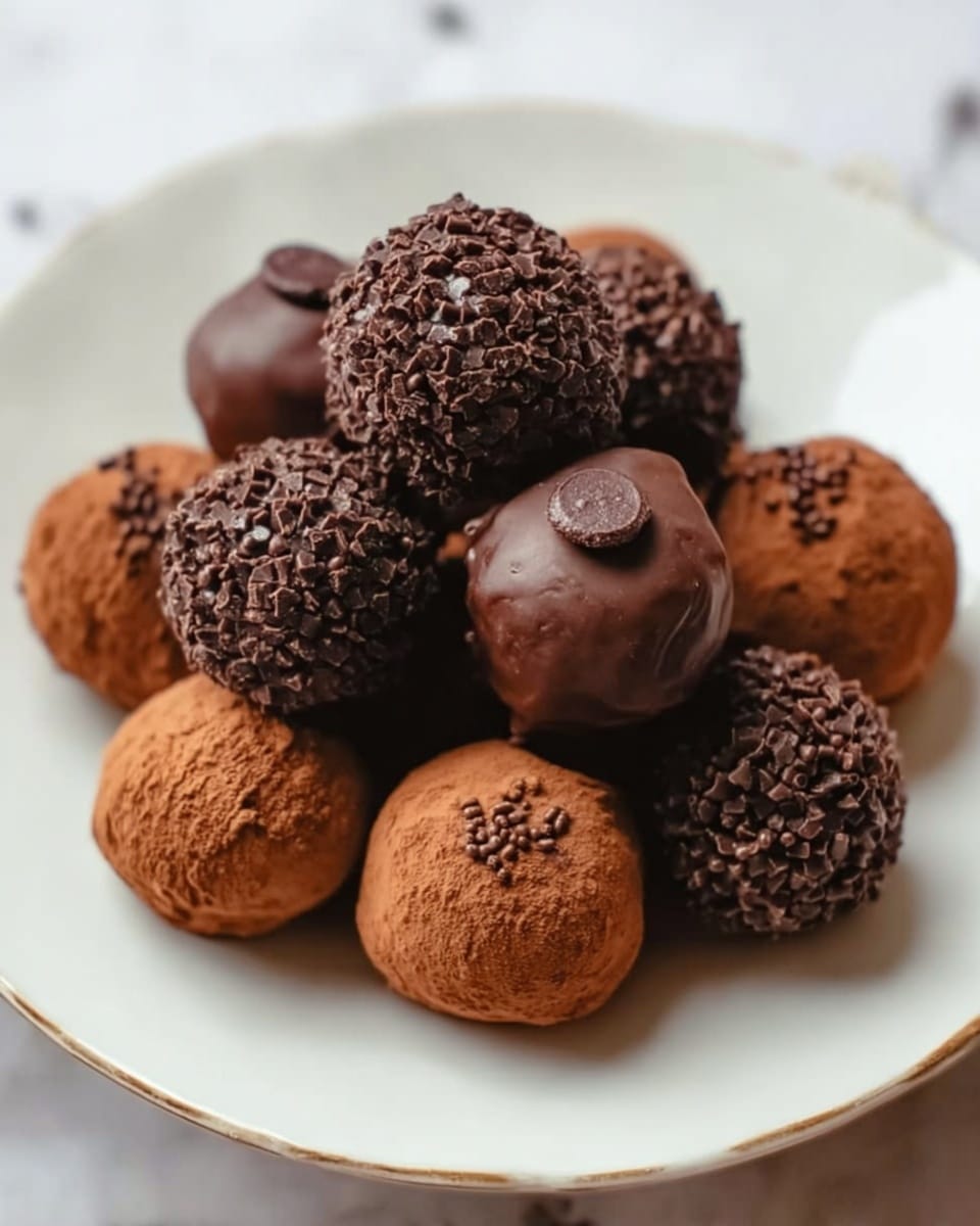 A white plate holds a pile of round chocolate truffles arranged closely together. The truffles have two main textures: some are smooth and glossy with small chocolate bits sprinkled on top and a single round chocolate piece placed on some, while others are covered with tiny square chocolate flakes giving a rough surface. The colors range from dark to medium brown, showing a rich chocolate look. The plate is set on a white marbled surface, enhancing the dessert's deep chocolate tones. photo taken with an iphone --ar 4:5 --v 7