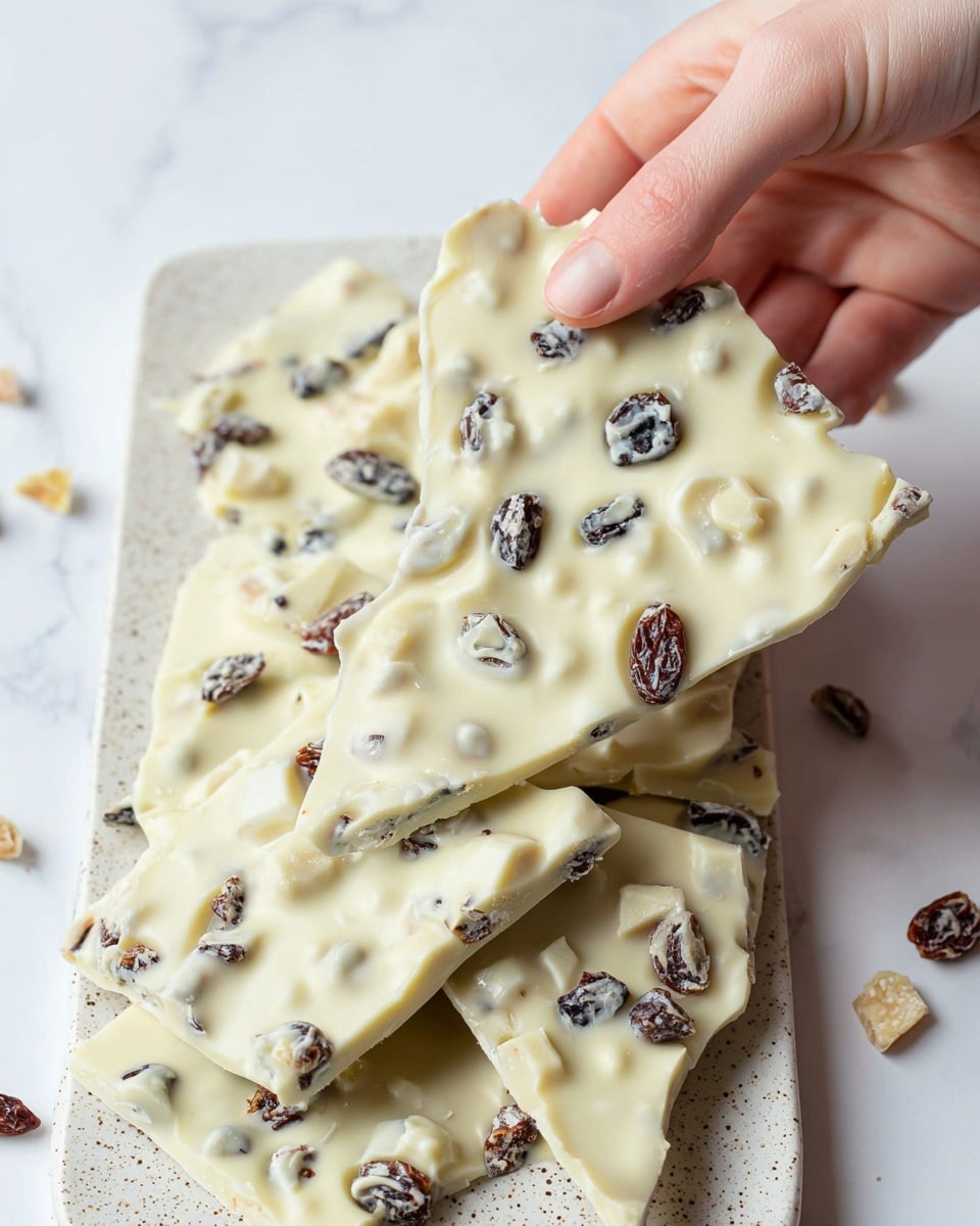 A close-up image shows a woman's hand lifting a large broken piece of creamy white bark chocolate filled with dark raisins and some nuts embedded throughout. The bark has uneven edges and a slightly glossy texture, with raisins and nuts peeking out from the white chocolate base. Below, more broken pieces of the same bark lay scattered on a white speckled rectangular plate set on a white marbled surface. The overall color palette is soft and light, focusing on the off-white chocolate contrasted by the darker mix-ins. photo taken with an iphone --ar 4:5 --v 7