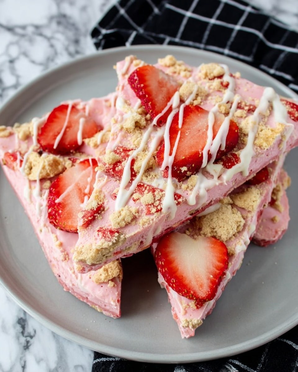 The image shows three large triangular pieces of pink frozen dessert bark stacked on a white plate. The bark has a smooth pink base layer topped with crumbled light brown pieces and whole thin slices of bright red strawberries scattered across the surface. Thin white drizzle is spread unevenly over the strawberries and crumbs, creating light lines and dots. The plate sits on a white marbled surface with a black and white checkered cloth partially visible beside it. photo taken with an iphone --ar 4:5 --v 7