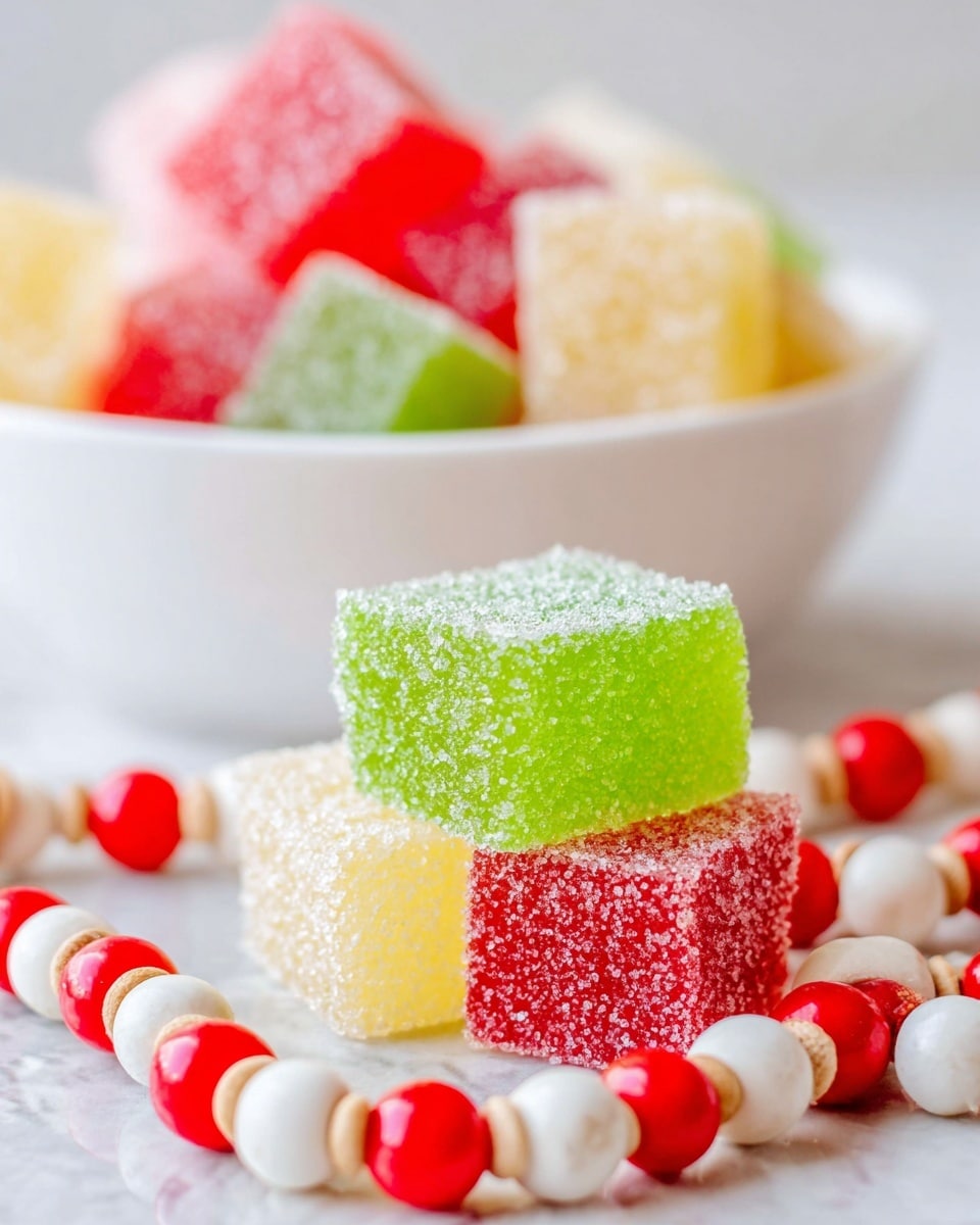 A white bowl is filled with three layers of sugar-coated jelly candies in bright red, green, and pale yellow colors, each piece shaped like a small cube with a slightly rough sugar texture on the surface. The candies are piled high, with the red and green ones mostly on top and the pale yellow cubes peeking through underneath. The scene is set on a soft white cloth over a white marbled texture. In the background, there is a blurred string of colorful beads in red, white, and beige tones. Photo taken with an iphone --ar 4:5 --v 7