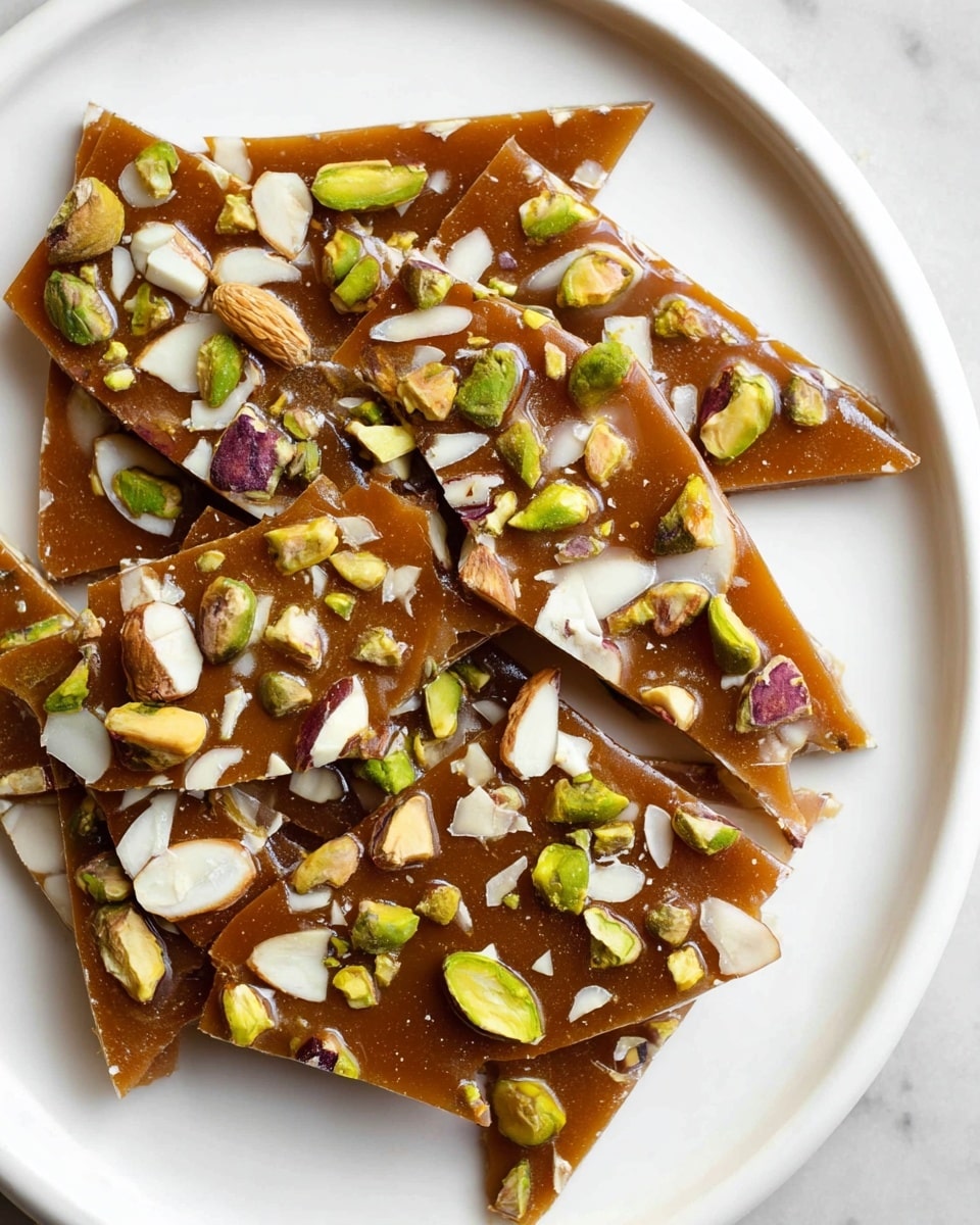 A close-up view of a single flat layer of sticky dark brown caramel or toffee spread evenly over a white marbled surface, richly sprinkled with small chopped pieces of green and purple pistachios and thin white slivers of almonds, creating a textured and colorful contrast against the smooth caramel base, the surface shiny and slightly glossy with visible lumps and nuts jutting out. photo taken with an iphone --ar 4:5 --v 7