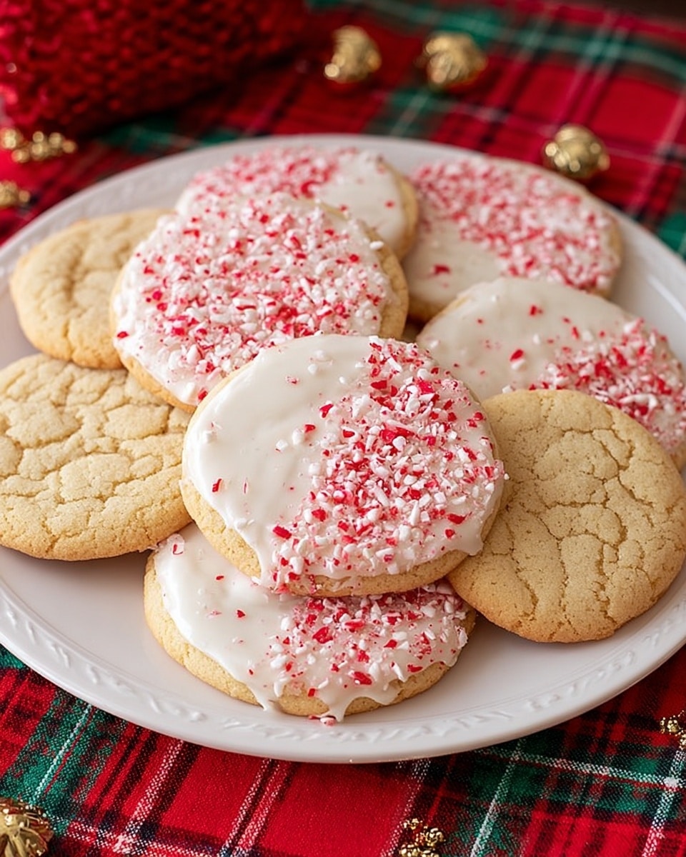 A white plate filled with about a dozen round sugar cookies, each one half dipped in smooth white icing on one side, which is then sprinkled with small red and white crushed candy pieces. The cookies have a soft, slightly cracked light golden surface showing on the other half, and the icing contrasts with a glossy, smooth texture. The plate sits on a red, green, and white plaid cloth with small gold pine cones scattered around. photo taken with an iphone --ar 4:5 --v 7