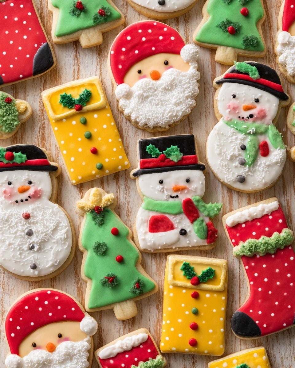 A close-up of various Christmas-themed sugar cookies laid out on a white marbled surface, each cookie decorated with smooth, colorful icing. The circular cookies show Santa faces with red hats, white textured beards, small black eyes, and beige noses. There are snowman-shaped cookies with white bodies, black hats adorned with green holly and red berries, small black buttons, red textured scarves, and orange noses. Green Christmas tree-shaped cookies feature layers of green icing, white textured garlands, and red and yellow round ornaments. Bell-shaped cookies are iced in yellow with green holly and red berries, and round cookies are half yellow with white polka dots and half white decorated with red holly berries and green leaves. Stocking-shaped cookies have green bases with white polka dots and white cuffs decorated with green holly and red berries. All cookies show detailed, bright, and festive colors with smooth and textured icing layers. Photo taken with an iphone --ar 4:5 --v 7