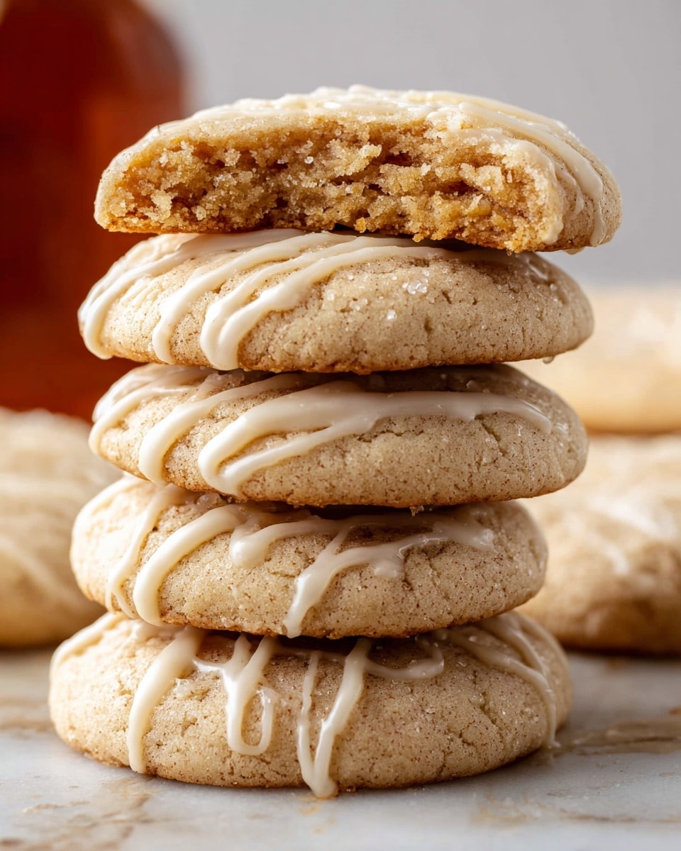 A close-up view of a stack of five soft, round cookies with a light beige color and a slightly cracked surface texture, each topped with a thin drizzle of white icing that forms irregular lines and small pools along the edges; the top cookie is partially bitten, revealing a dense, chewy interior with a crumbly texture. The cookies are placed on a white marbled surface, giving a clean and bright contrast to their warm tones. Photo taken with an iphone --ar 4:5 --v 7