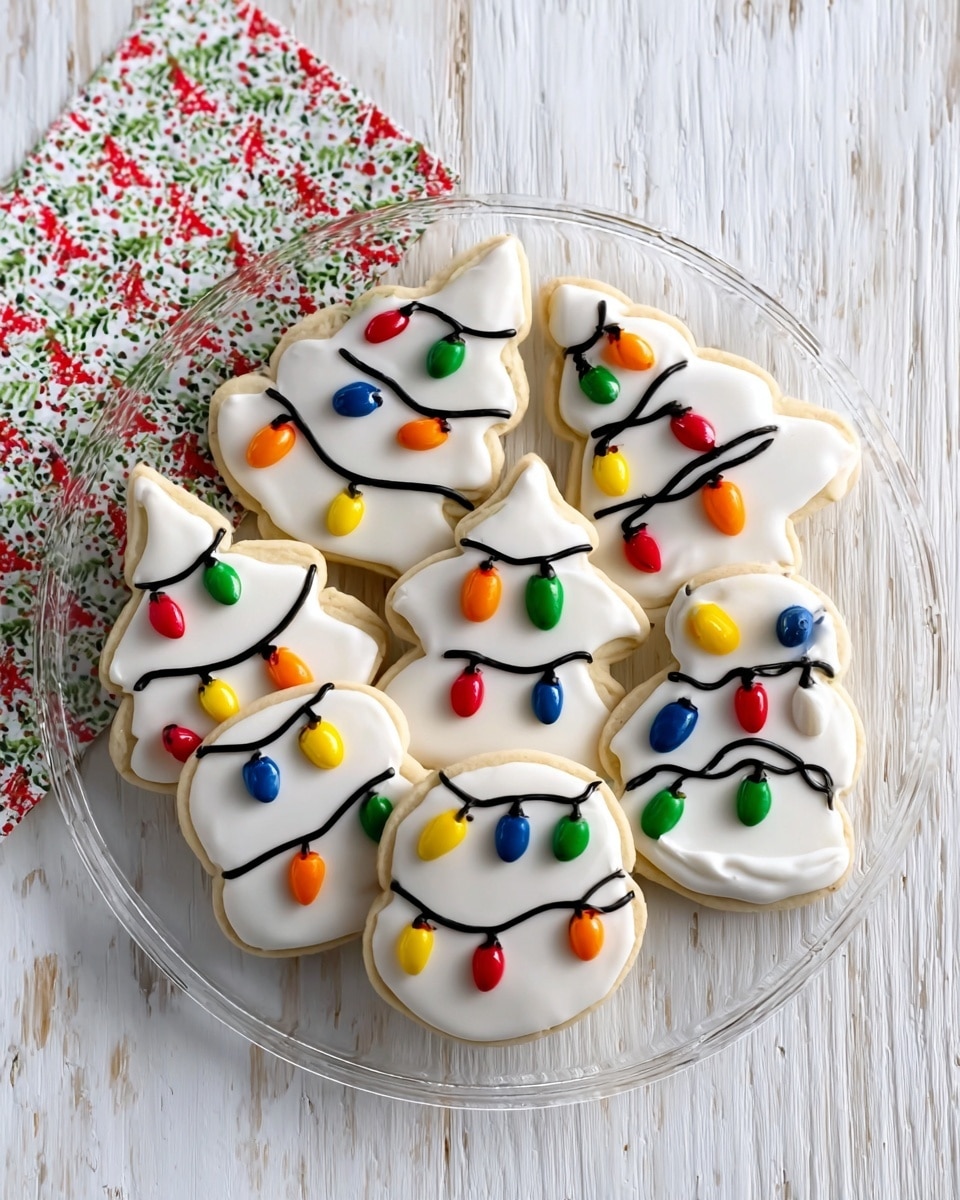 A clear glass plate sits on a white marbled texture with patterned paper underneath showing small colorful light bulbs. The plate holds seven festive sugar cookies, four shaped like Christmas trees and three round ones. Each cookie has a smooth white icing base. On top of the white icing, black icing forms strings of holiday lights, with small, bright bulbs in red, green, yellow, blue, and orange attached along the strings. The cookies have a soft, slightly golden edge and a flat textured surface. Photo taken with an iphone --ar 4:5 --v 7