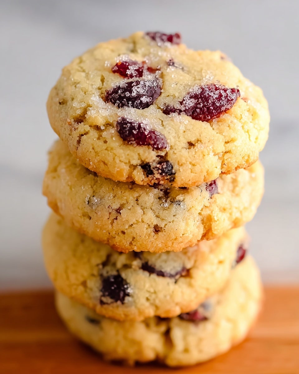 A stack of four golden cookies with a rough texture, each cookie filled with visible dark red dried cranberries and small sugar crystals on top. The cookies are round and thick, with a slightly cracked surface that shows a soft inside. They are stacked vertically on a white marbled surface, with the top cookie in clear focus and the others gradually blurred in the background. photo taken with an iphone --ar 4:5 --v 7