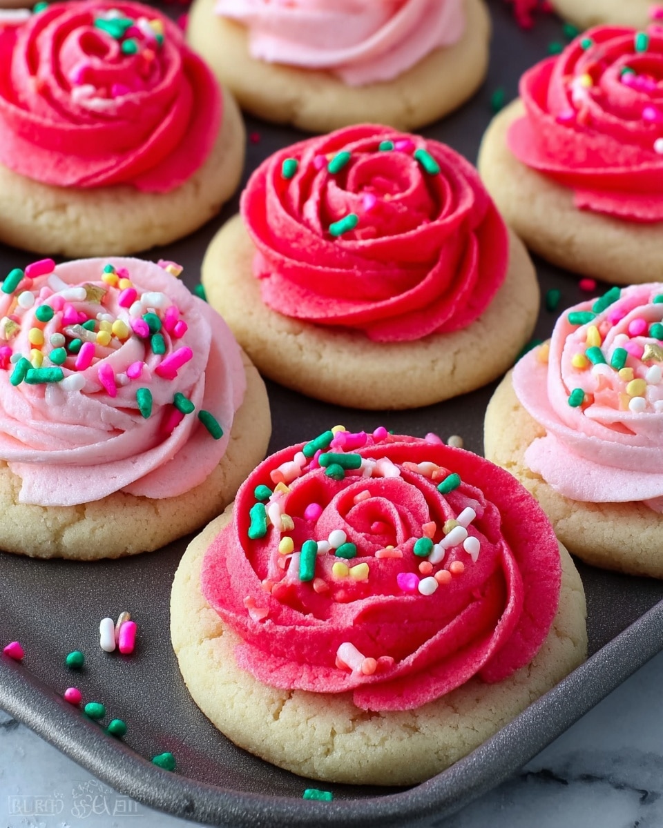 The image shows several round sugar cookies arranged on a dark tray with a white marbled surface underneath. Each cookie has two layers: the bottom layer is a light beige, soft-looking cookie base, and the top layer is a swirl of thick frosting shaped like a rose. The frosting comes in two colors, a bright red and a soft pink, alternating across the cookies. Some of the frosting roses are decorated with small, colorful round sprinkles and tiny long sprinkles in green, pink, yellow, and blue. The texture of the frosting looks smooth and creamy with detailed piped ridges forming the rose pattern. photo taken with an iphone --ar 4:5 --v 7