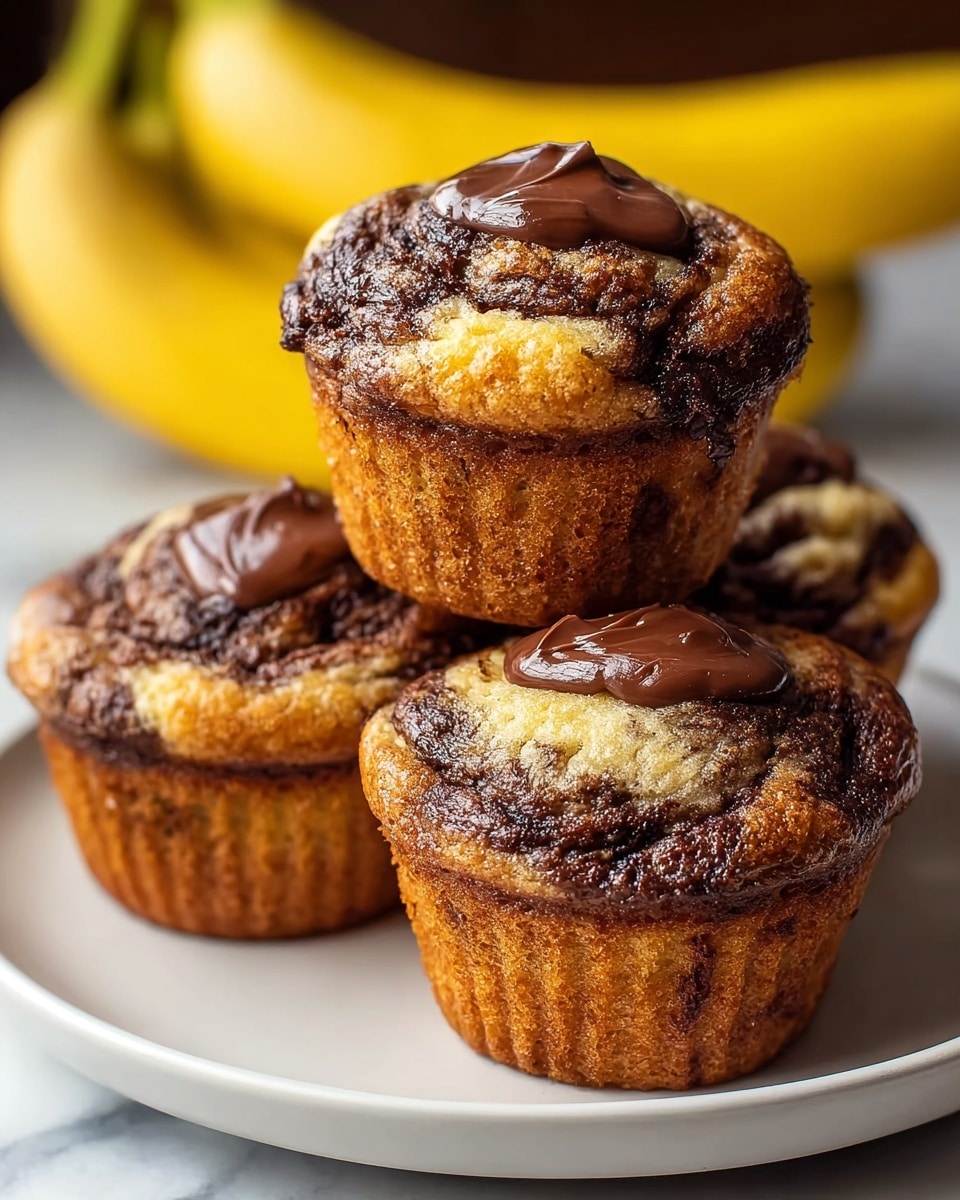 A white plate holds four muffins stacked closely together. Each muffin has a golden-brown base with a moist texture, topped with swirls of dark chocolate creating a marbled effect across the surface. On top of each muffin is a dollop of glossy milk chocolate, slightly melted and smooth, adding shine and contrast. The background includes blurred bananas, and the entire scene is set on a white marbled surface. photo taken with an iphone --ar 4:5 --v 7