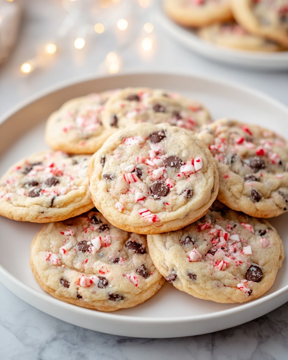 A white plate holds a pile of round cookies, each cookie having a light golden brown base with visible chunks of dark brown chocolate and small pieces of red and white candy dispersed throughout. The cookies have a slightly soft texture with edges that look a little crisp. The plate is on a white marbled texture surface, and blurred out soft lights are visible in the background. photo taken with an iphone --ar 4:5 --v 7