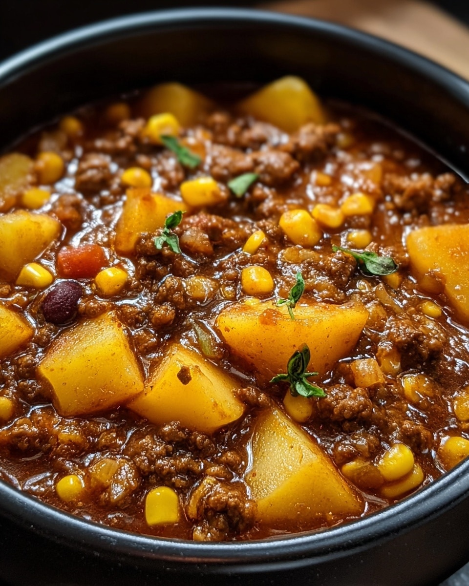 A thick stew fills a black bowl, showing a rich mix of soft yellow potato chunks and bright yellow corn kernels scattered throughout the dish. The stew has a dark brown sauce, with pieces of cooked ground meat and translucent white onion chunks evenly distributed. Small bits of red tomato and beans are visible in the sauce, and tiny green herb sprigs are sprinkled on top for color. The stew looks hot and glossy, with a hearty and chunky texture. photo taken with an iphone --ar 4:5 --v 7