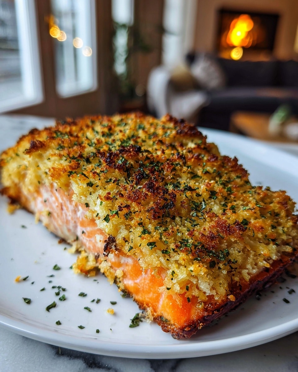 A close-up view of a cooked salmon fillet on a white plate, showing two main layers: the bottom layer is a bright orange, tender salmon with visible flaky texture, and the top layer is a thick, golden-brown crust made of crispy breadcrumbs and herbs, sprinkled evenly with green dried herbs. The crust has a crunchy texture with browned spots, giving a toasted look. The plate sits on a white marbled surface with a blurred cozy indoor background. photo taken with an iphone --ar 4:5 --v 7