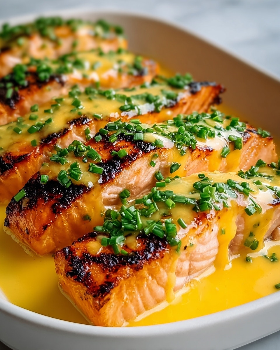 The image shows a white plate filled with six grilled salmon fillets arranged closely together, each with a crispy, dark brown charred surface on top, revealing the pink flaky texture underneath. A thick golden-yellow sauce is generously drizzled over each fillet, pooling slightly around the base. Freshly chopped green onions are sprinkled on top, adding a bright green color contrast to the warm tones of the salmon and sauce. The dish sits on a white marbled textured surface. photo taken with an iphone --ar 4:5 --v 7