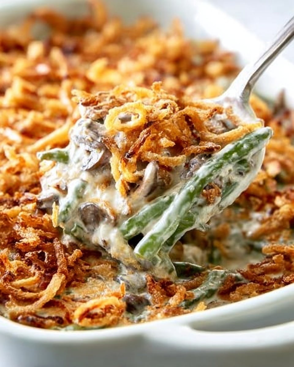The image shows a creamy green bean casserole layered in a white ceramic baking dish. The bottom layer is visible green beans, covered by a thick, smooth white creamy sauce mixed with bits of mushrooms. The top layer is a generous amount of crispy golden-brown fried onions, giving a crunchy texture. A white spoon is scooping out a serving of the casserole, showing the layers clearly against the white marbled background. The colors are mainly green, white, and golden brown. photo taken with an iphone --ar 4:5 --v 7