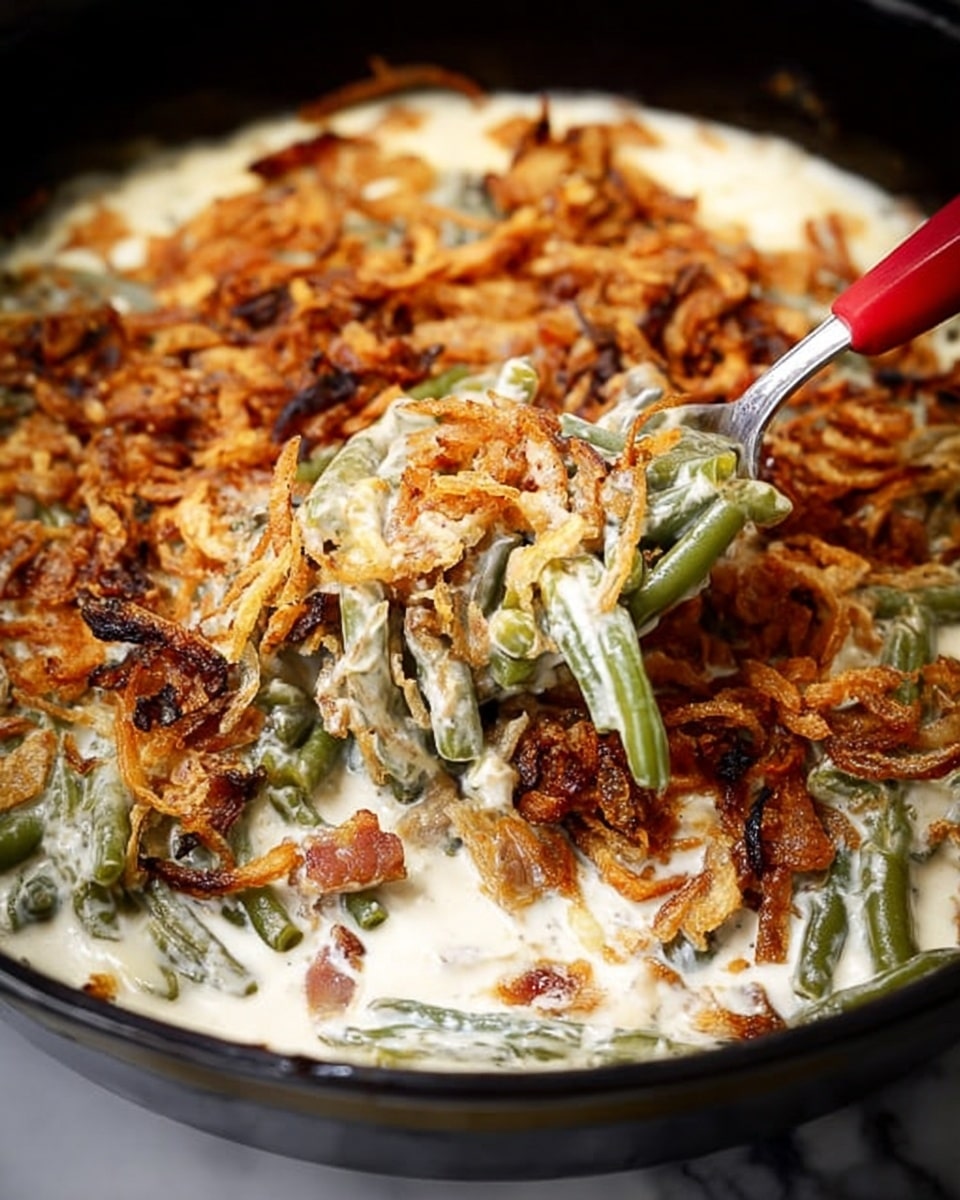 The image shows a creamy green bean casserole in a black dish. The dish has three main layers; the bottom is green beans mixed in a thick white creamy sauce, in the center there are bits of bacon, and the top layer is covered with crispy golden brown fried onions, some parts are darker and more cooked. A fork with a red handle is scooping out some casserole, showing the creamy texture mixing with crunchy onions on top. The background is a white marbled texture. Photo taken with an iphone --ar 4:5 --v 7