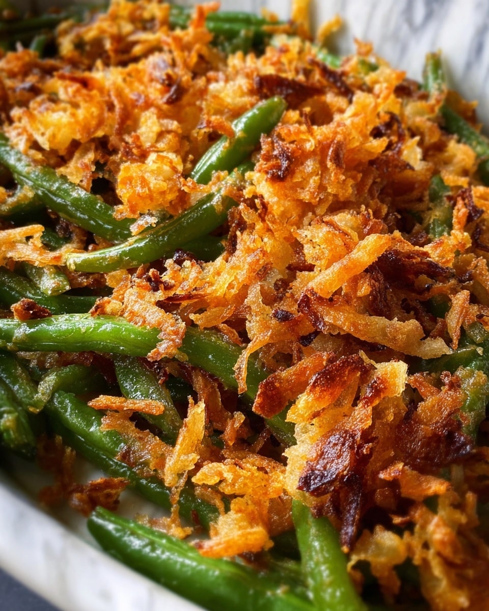 A close-up view of a dish featuring layers of cooked green beans covered with a golden, crispy fried onion topping, showing a rough texture and a mix of small and larger browned onion pieces, all resting on a white marbled surface. Photo taken with an iphone --ar 4:5 --v 7
