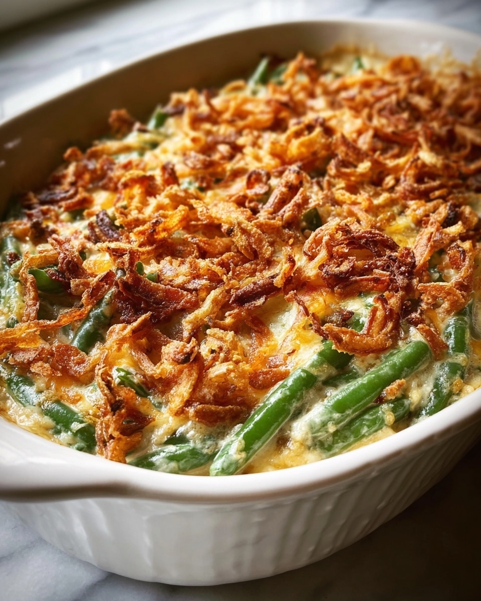 A white ceramic dish filled with a baked green bean casserole, showing three main layers: the bottom layer has tender green beans with a bright green color; the middle layer is creamy cheese sauce, with a smooth and slightly golden texture; the top layer is a thick, crispy layer of golden brown fried onions, scattered unevenly but covering the surface fully, with some parts darker for a crunchy look; the dish is placed near a window with natural light highlighting the casserole's textures and colors against a white marbled surface. photo taken with an iphone --ar 4:5 --v 7