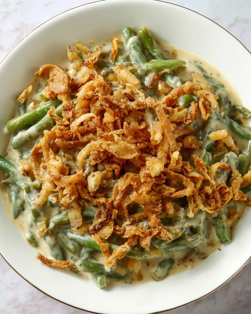 A white plate holds a creamy green bean casserole with two visible layers. The bottom layer shows bright green beans covered in a smooth, light beige sauce, creating a soft and glossy texture. The top layer is crispy fried onions, scattered generously over the beans, showing a golden brown color with a crunchy texture and small black pepper spots. The dish is placed on a white marbled surface, enhancing its warm and inviting colors. Photo taken with an iphone --ar 4:5 --v 7