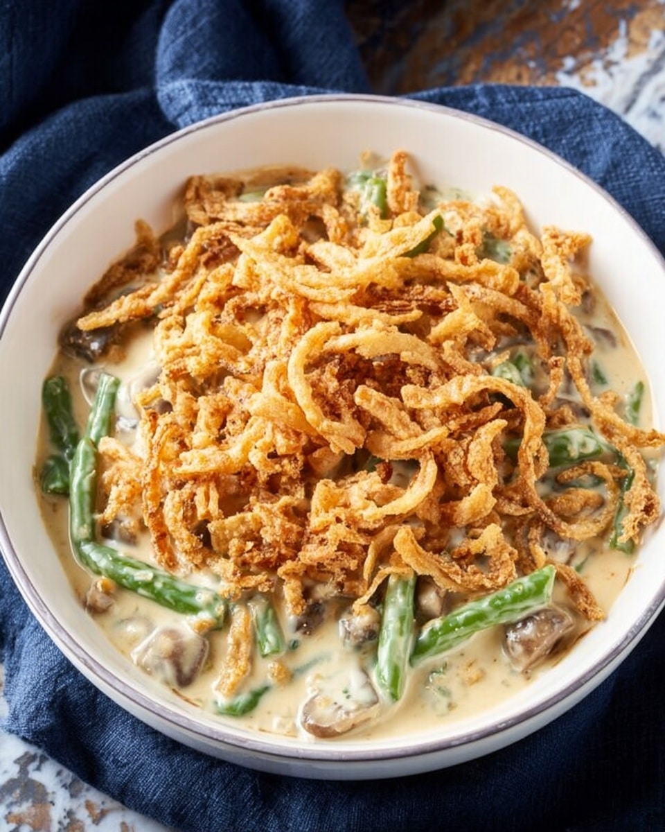 The dish shows a white bowl filled with a creamy green bean casserole topped with a thick layer of crispy golden-brown fried onions. The creamy base is pale beige with visible green beans and chunks of mushroom layered underneath the crunchy topping. The bowl sits on a dark blue fabric with a white marbled surface underneath, and the creamy sauce slightly touches the bowl's edges. photo taken with an iphone --ar 4:5 --v 7
