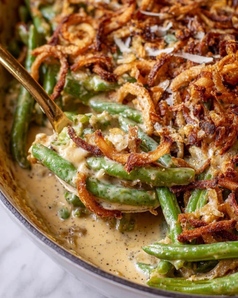 Homemade Green Bean Casserole with Creamy Mushroom Sauce and Crispy Shallots Recipe