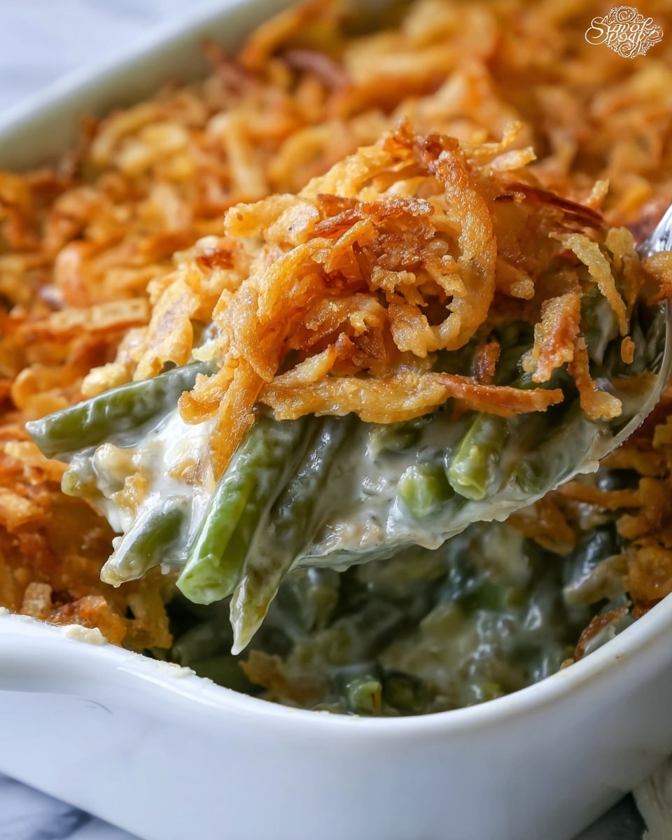 A close-up view of a creamy green bean casserole showing two main layers: the bottom layer is a soft, light green vegetable mix coated in a thick, smooth white sauce with visible pieces of tender green beans, and the top layer is a generous covering of golden-brown crispy fried onions with a crunchy texture. The dish is inside a white baking dish resting on a white marbled surface, with a spoon scooping out a portion from the front, displaying the creamy and crunchy layers clearly. photo taken with an iphone --ar 4:5 --v 7
