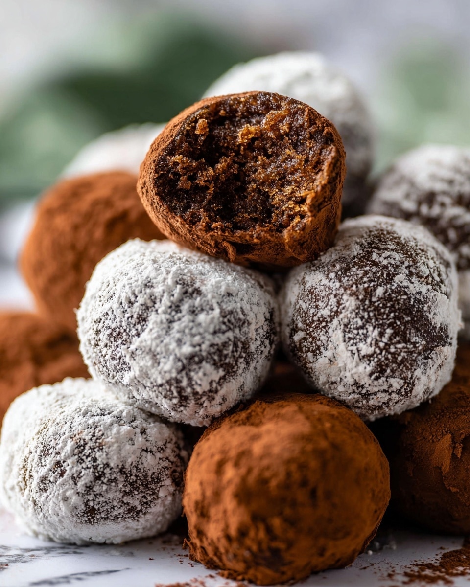 The image shows a close-up view of round dessert balls piled together, with a mix of two coating styles. Some balls have a dark brown, powdery cocoa dusting creating a rough texture, while others are covered with a white powdery layer that looks like powdered sugar, giving a slightly uneven, crumbly coating. One ball is cut in half and placed on top of the others, showing a moist, dense, and crumbly interior with a rich brown color. The background is softly blurred with hints of green and white, and the surface has a white marbled texture. photo taken with an iphone --ar 4:5 --v 7