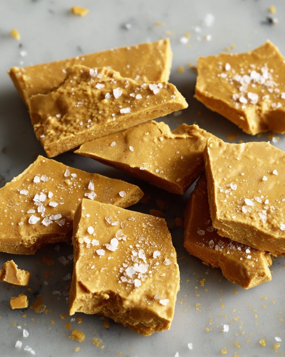 The image shows several pieces of light brown honeycomb toffee scattered on a black surface. Each piece has a rough, porous texture on the inside and a smooth, glossy top layer sprinkled with small white sea salt flakes. The honeycomb shapes vary in size and have uneven, jagged edges. The overall look is crunchy and crisp. photo taken with an iphone --ar 4:5 --v 7