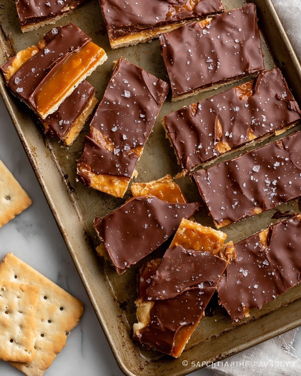 The image shows a baking tray with several rectangular chocolate-covered cracker toffee pieces scattered across it. The toffee has three visible layers: a light golden cracker base, a smooth middle layer of glossy caramel with a rich amber color, and a thick top layer of shiny dark brown chocolate with a few salt crystals sprinkled on it. On the left side of the tray, a few plain white saltine crackers with small holes and slightly browned spots are placed beside the toffee. The tray sits on a white marbled surface, and the overall look is warm and inviting. photo taken with an iphone --ar 4:5 --v 7