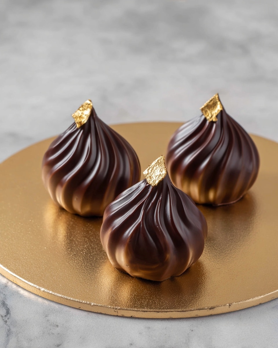 Three chocolate teardrop-shaped desserts with smooth, shiny surfaces and gentle swirl patterns are placed on a round gold board. Each dessert has a small piece of gold leaf carefully placed on its top, adding a touch of elegance. The chocolates reflect soft lighting that highlights their rich, dark brown color and subtle gradient from deep to lighter tones near the base. The gold board beneath them has a slight texture that catches light, contrasting with the swirled chocolate shapes. The setting is on a white marbled textured surface. photo taken with an iphone --ar 4:5 --v 7