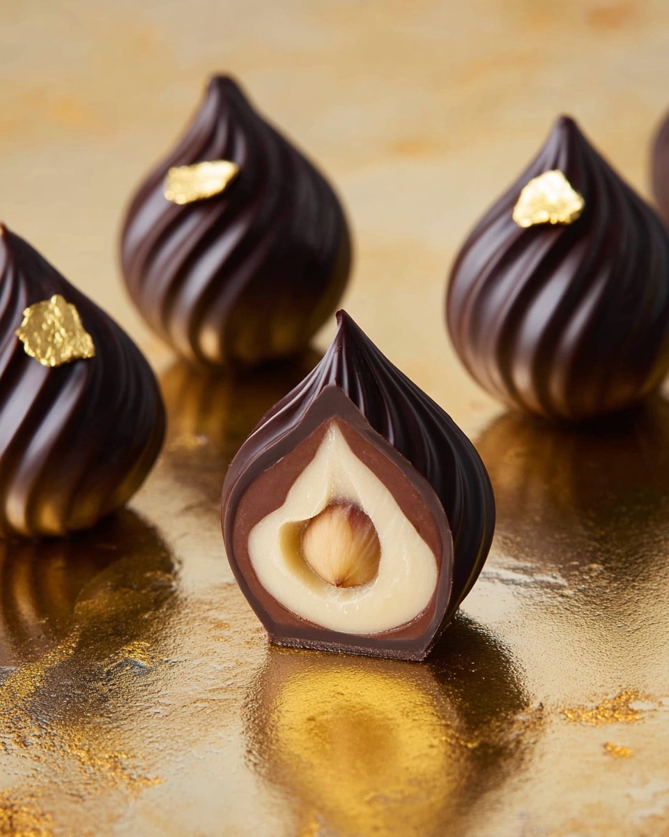 The image shows several dark chocolate confections shaped like teardrops with soft swirls on their surface, each topped with a small gold leaf piece. One of the chocolates is cut in half to show a pale, whole hazelnut inside, surrounded by two smooth layers of chocolate in different shades of brown, the outer layer being darker and the inner layer lighter and glossy. These chocolates sit on a shiny gold surface that reflects part of the treats around them, creating a warm, elegant look. photo taken with an iphone --ar 4:5 --v 7