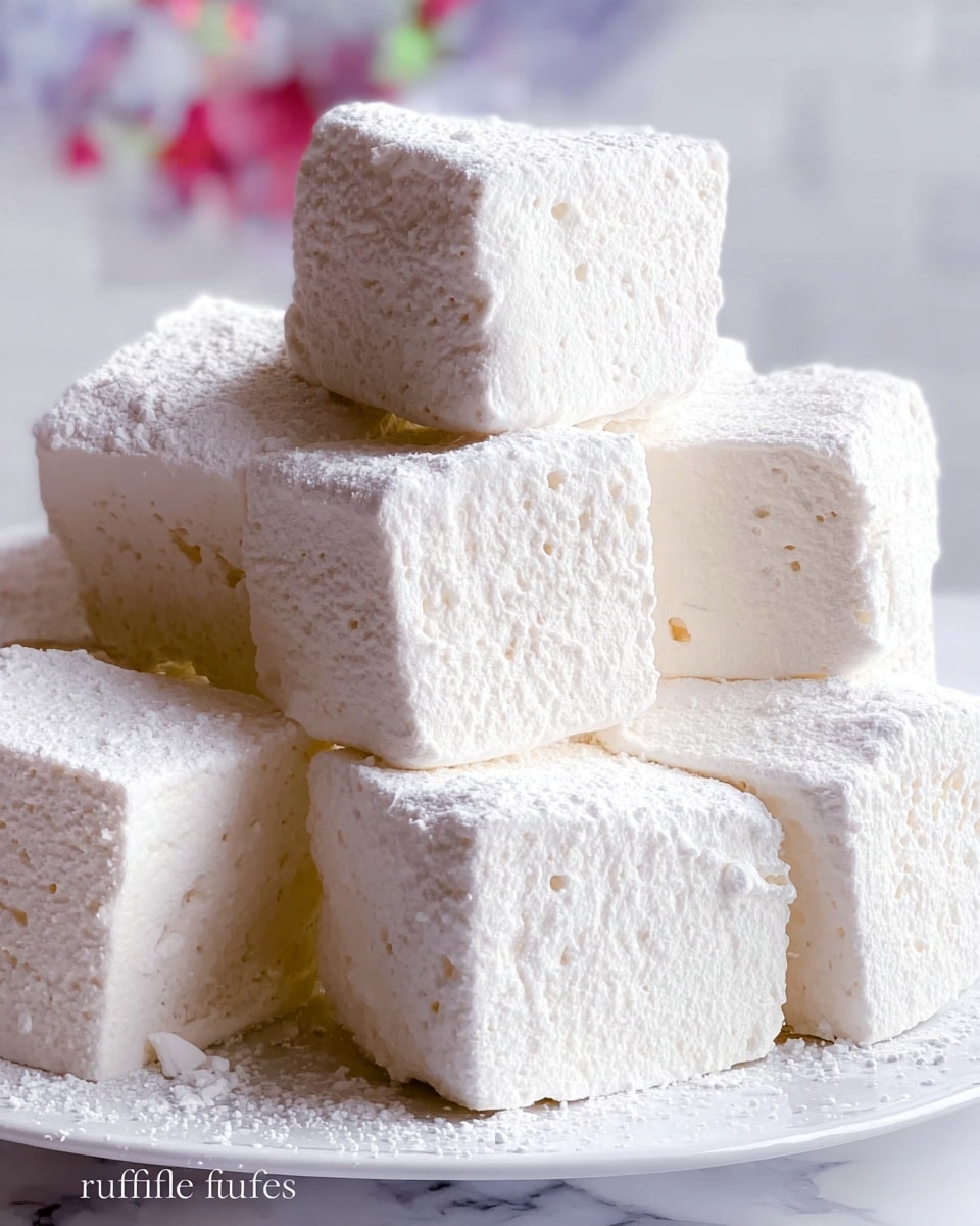 The image shows several large, square-shaped marshmallows stacked closely together on a white plate. Each marshmallow has a soft, powdery white surface with a slightly rough texture, showing tiny air bubbles and uneven edges. The marshmallows are thick and fluffy, with some stacked on top of others, forming a small pile. The background is softly blurred with a mix of bright colors, while the surface beneath the plate has a white marbled texture. photo taken with an iphone --ar 4:5 --v 7