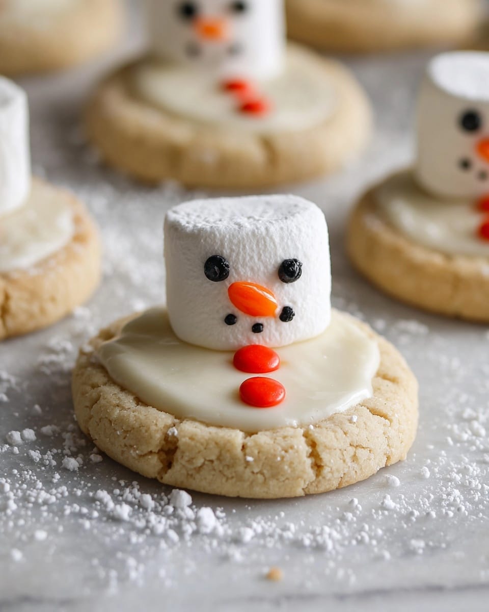 The image shows a close-up view of a round cookie with a soft beige texture and small cracks on the edges. The cookie is topped with a smooth white icing that covers the center, creating a flat base. On top of the icing, a white marshmallow is placed upright with black eyes and a small orange mouth drawn on it, forming a snowman face. Two small bright orange candy buttons are placed side by side below the marshmallow on the icing. The scene includes other similar cookies blurred in the background on a white marbled surface sprinkled with powdered sugar. photo taken with an iphone --ar 4:5 --v 7