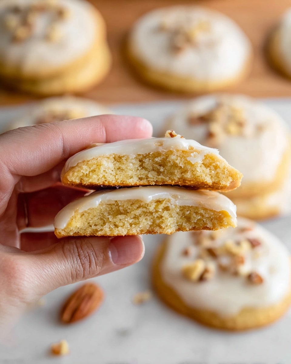 The image shows close-up of soft, light golden cookies with a smooth surface, some topped with a shiny white icing layer that covers the top center. Each iced cookie is decorated with three thin, light brown almond slices arranged in a small cluster on the icing. The cookies are placed together on a white marbled texture. photo taken with an iphone --ar 4:5 --v 7