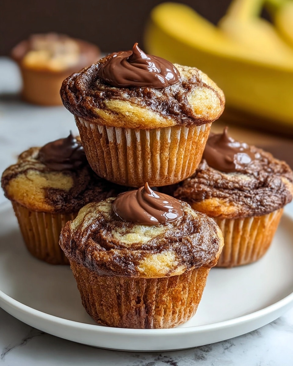 A close-up of four chocolate swirl muffins stacked on a white plate, each muffin showing a golden brown base with dark brown chocolate swirls folded throughout the cake. The top of each muffin is textured, slightly domed, and features a shiny dollop of melted milk chocolate in the center. In the background, a blurred bunch of yellow bananas contrasts with the warm tones of the muffins. The setting has a white marbled texture under the plate, adding a clean and bright look to the image. photo taken with an iphone --ar 4:5 --v 7