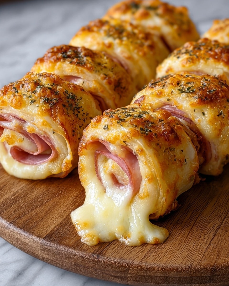 The image shows five golden-brown baked rolls with a crispy, textured outer layer sprinkled with herbs. Each roll is made of one layer of melted, bubbly cheese wrapped around a layer of folded pink ham inside. The cheese oozes out slightly from the ends of the rolls, adding a creamy and stretchy texture. All the rolls rest on a wooden board placed on a white marbled surface, giving a clean and bright look. The photo taken with an iphone --ar 4:5 --v 7