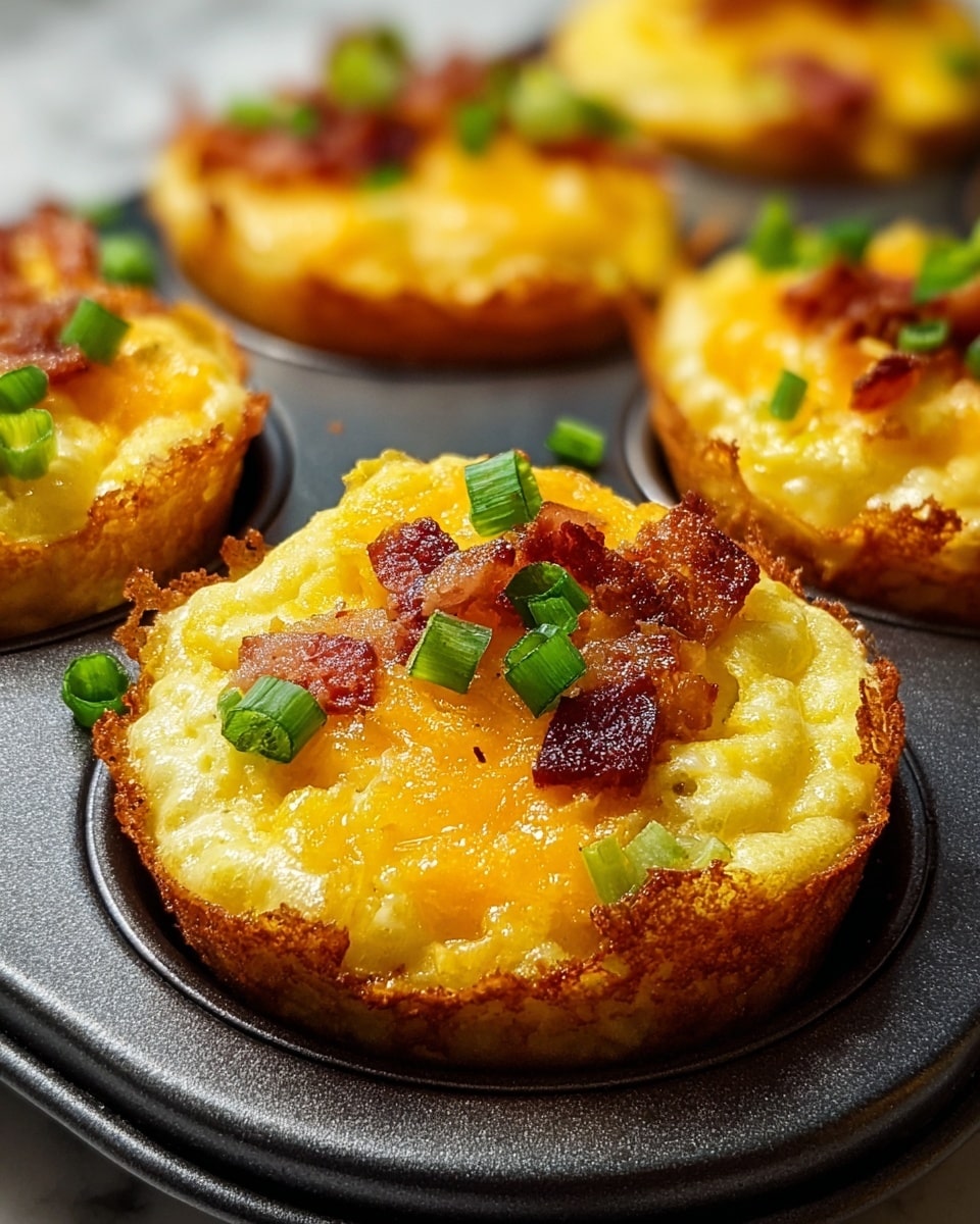 A close-up view of multiple savory egg muffins in a dark muffin pan on a white marbled surface. Each muffin has a golden brown crispy crust at the bottom and edges, with a soft yellow scrambled egg center. On top of the eggs, there are small pieces of crispy reddish-brown bacon and bright green chopped scallions scattered evenly. The texture shows melted cheese blending into the eggs, giving a shiny, rich appearance. The focus is on one muffin in the front, showing the layers and textures clearly, while the rest are slightly blurred in the background. Photo taken with an iphone --ar 4:5 --v 7