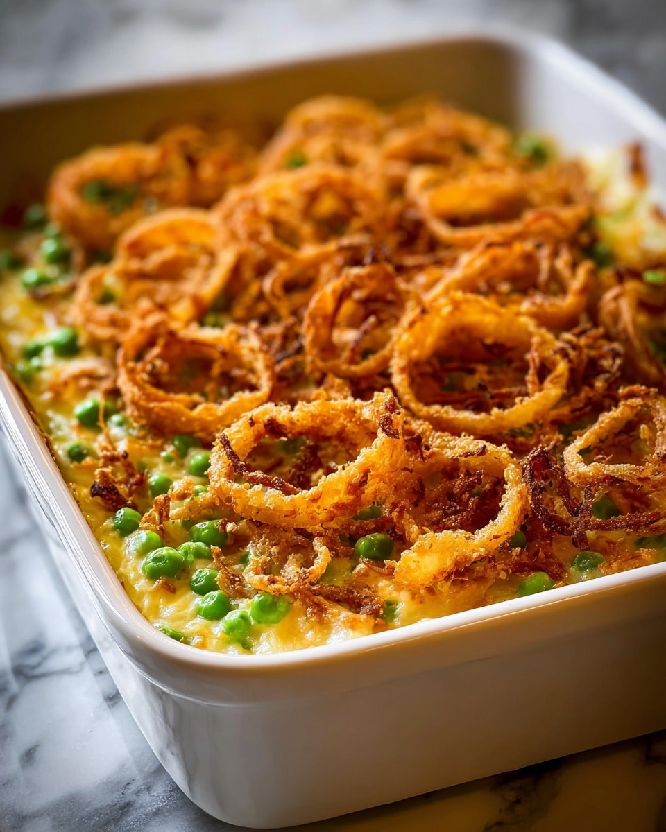 A creamy casserole dish in a white baking dish with a thick, light yellow base layer mixed with bright green peas. On top, there is a generous layer of golden brown, crispy fried onion rings, spiraled and evenly spread across the surface, showing a crunchy texture with some slightly darker edges. The light from the side highlights the crispy details and soft textures of the casserole underneath. The dish sits on a white marbled texture. photo taken with an iphone --ar 4:5 --v 7
