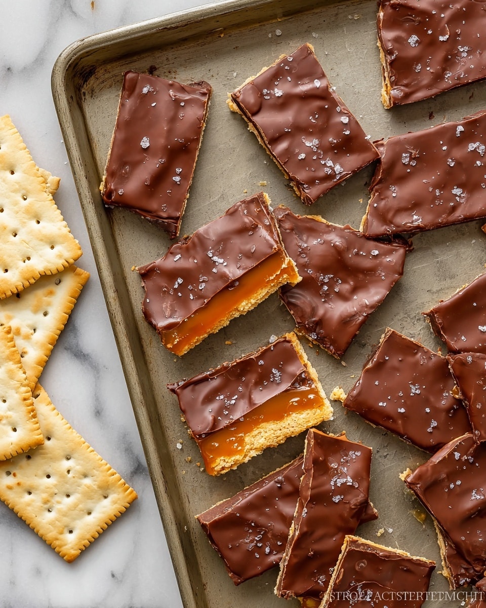 The image shows multiple pieces of cracker toffee stacked on a round white plate lined with white parchment paper. Each piece has three visible layers: a light beige, crispy cracker base; a thin, golden caramel middle layer; and a thick, smooth dark brown chocolate top layer sprinkled with coarse sea salt. The pieces are irregularly shaped with some broken edges, and there are loose crackers and a small white bowl of coarse salt blurred in the white marbled background. The chocolate layer has a slightly glossy finish with gentle waves on the surface. Photo taken with an iphone --ar 4:5 --v 7