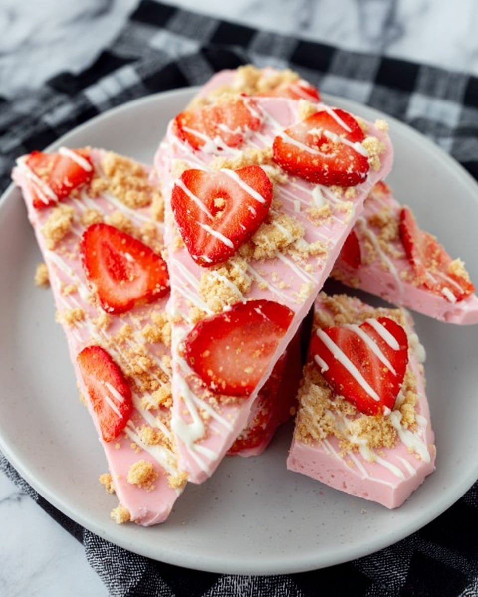 The image shows four triangular pieces of a pink dessert bark stacked on a white plate placed on a black and white checkered cloth with a white marbled surface underneath. Each piece has three main layers: a smooth pink base layer, a crumbly beige middle layer, and slices of bright red dried strawberries scattered on top. Thin white drizzle goes across the surface, adding texture and contrast to the pink and red colors. Photo taken with an iphone --ar 4:5 --v 7