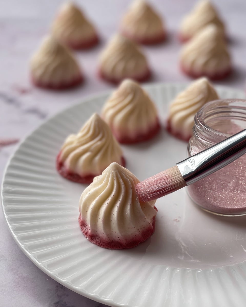 The image shows several teardrop-shaped sweets with a swirl texture, each having two layers: the top layer is smooth and creamy white, and the bottom layer is a soft light pink. One sweet is cut open in the front to show its inside, which has three visible layers: a white outer layer, a thicker pink middle layer, and a textured deep red center that looks like crushed fruit or filling. The sweets are placed on a shiny silver surface reflecting their colors, and the background has a white marbled texture. photo taken with an iphone --ar 4:5 --v 7