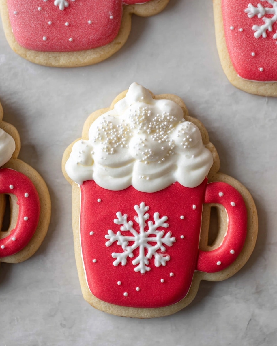 The image shows two decorated sugar cookies shaped like mugs filled with whipped cream sitting on a white marbled textured surface. Each cookie has a base layer of light tan dough. The mug part is covered with a smooth, bright red icing with a rounded handle on the right side. On the red mug, there is a white icing snowflake design in the center, with small white dots and a light dusting of sugar sprinkles around it. At the top of each mug, there is a fluffy layer of white icing shaped like whipped cream, creating a soft and puffy texture. The cookies are arranged spaced apart with part of two other cookies visible at the edges. photo taken with an iphone --ar 4:5 --v 7