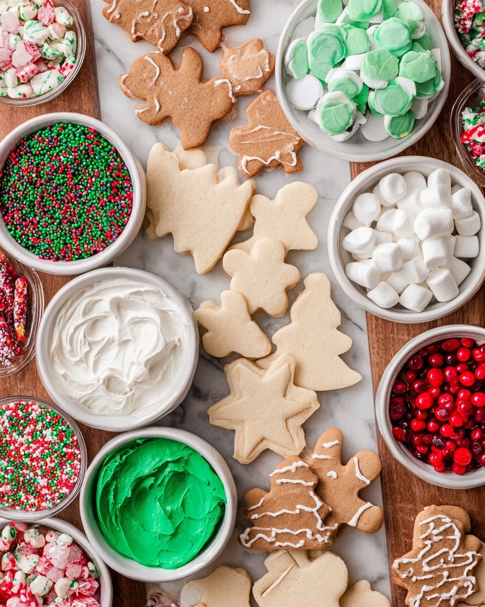 The image shows a variety of plain sugar cookies in different shapes like gingerbread men, stars, bells, Santa hats, and Christmas trees arranged in a line on a white marbled surface. Around the cookies are small white bowls filled with colorful decorating items: green frosting, red frosting, white frosting, red candy balls, tiny white marshmallows, red and green sprinkles, mixed multi-colored sprinkles and candies, crushed mint chocolate pieces, whole wrapped green Andes mints, and peppermint candies. There are also a couple of baked gingerbread cookies with white icing and sprinkles, placed near the bowls. Photo taken with an iphone --ar 4:5 --v 7