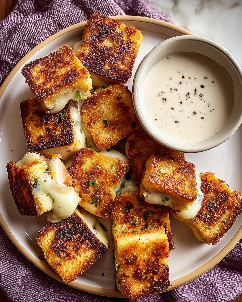 A white plate with a beige rim holds about ten small, square grilled cheese sandwiches with golden-brown, crispy bread showing varied toasting textures, and melted cheese oozing out from several pieces, some flecked with small green herbs. On the upper side of the plate is a small white bowl filled with thick creamy white dipping sauce speckled with tiny black pepper bits. The plate rests on a soft, textured purple cloth placed on a white marbled surface. photo taken with an iphone --ar 4:5 --v 7