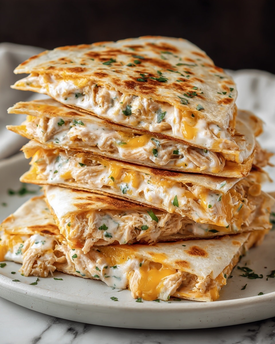 A close-up view of a stack of four golden-brown grilled quesadilla quarters on a gray plate, each quarter showing three layers: a toasted white tortilla on top and bottom, with a melted mix of white cheese, shredded chicken, and bits of green herbs in the middle; the cheese looks creamy and slightly stretchy while the chicken is tender and well mixed with the herbs, and small green herb pieces are sprinkled on top of the quesadillas; the gray plate rests on a white marbled textured surface with a soft cloth napkin partially visible underneath. photo taken with an iphone --ar 4:5 --v 7