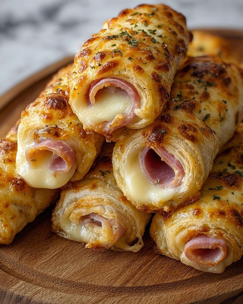 The image shows several golden brown baked rolls with a crispy, bubbly cheese crust on the outside. Each roll has three visible layers from the open end: a melted creamy white cheese layer close to the edge, a pink ham layer folded inside, and the outer puff pastry layer which is flaky and browned with herbs sprinkled on top. The rolls are stacked close together on a wooden board, giving a cozy and warm feeling. The background is a white marbled texture. photo taken with an iphone --ar 4:5 --v 7