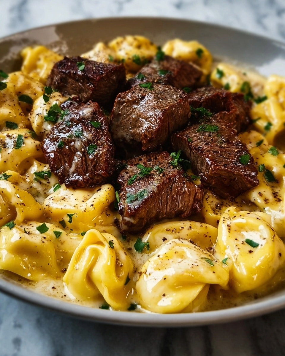This image shows a dish with two layers: the bottom layer is light golden yellow tortellini pasta with a smooth, creamy texture, arranged in a close circle, and the top layer has thick chunks of dark brown browned beef with a shiny glaze and bits of green herbs sprinkled on top. Both layers sit in a light creamy sauce with specks of black pepper, all presented on a white plate over a white marbled surface. photo taken with an iphone --ar 4:5 --v 7