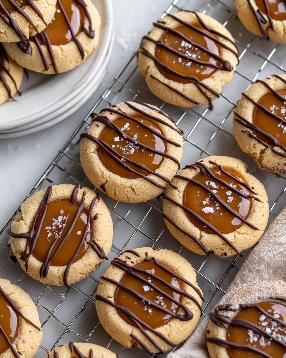 The image shows a group of round cookies arranged closely together on a silver wire cooling rack placed on a white marbled surface. Each cookie has three visible layers: a soft, thick base layer in light golden color, a glossy caramel circle in the center, and a drizzle of dark chocolate lines crisscrossing over the caramel. A few cookies are sprinkled lightly with white sea salt flakes on top of the caramel. In the background, a white plate with a few more identical cookies is partially visible, held by a woman's hand. The colors are warm and inviting, with smooth and textured contrasts between the layers. Photo taken with an iphone --ar 4:5 --v 7