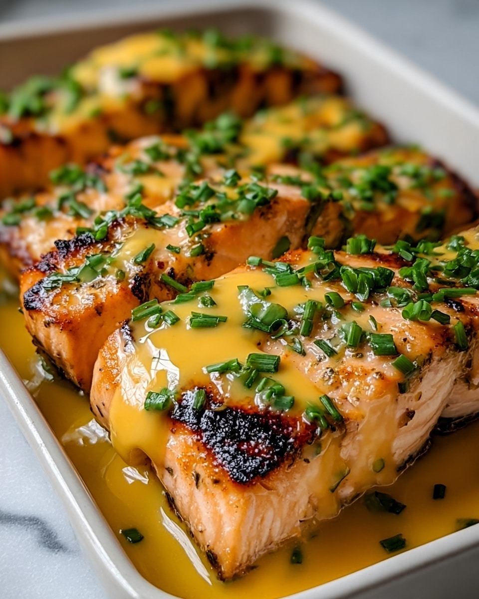 The image shows several thick pieces of grilled salmon with a golden-brown charred crust on the outside and a tender, light pink inside. Each piece is coated with a glossy, bright yellow sauce that drips slightly over the edges. Fresh chopped green herbs, mainly chives, are sprinkled generously on top, adding a fresh green contrast to the rich salmon. The salmon fillets are neatly arranged in a white dish, placed against a subtle white marbled texture in the background. The close-up view highlights the juicy, flaky texture of the fish and the creamy sauce shining under soft light. photo taken with an iphone --ar 4:5 --v 7